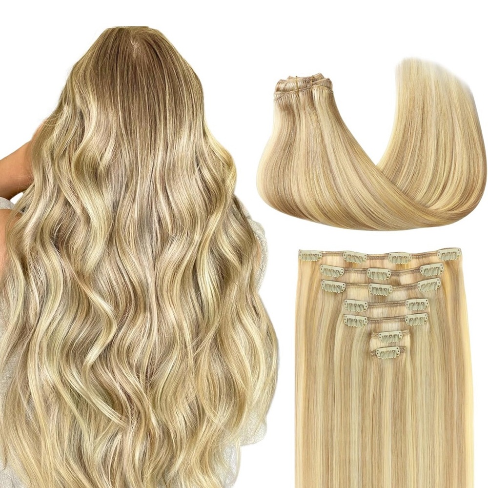 Blonde HUMAN HAIR Clip-In Hair Extensions 18D/22F Dirty Blonde Highlights NEW